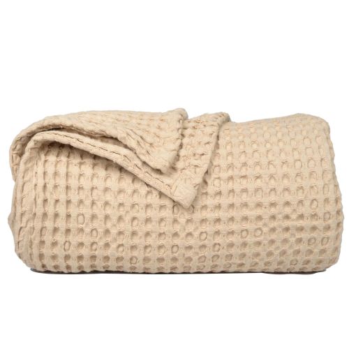 100% Cotton Waffle Weave Throw Blanket 50x70 inch Sand Color Lightweight Soft and Breathable Throw Blanket for All Season Skin Friendly Blanket for Co
